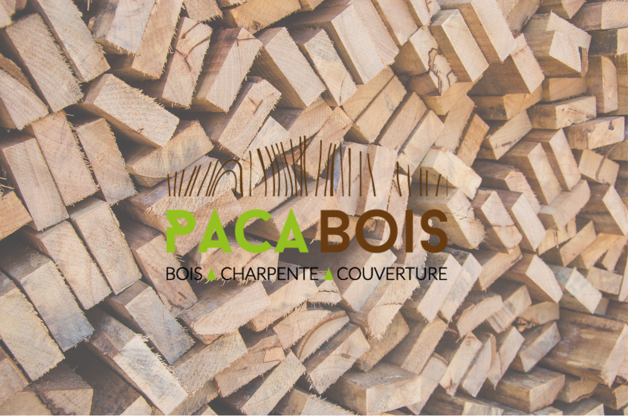 Logo Paca Bois avec des planches entassées en fond