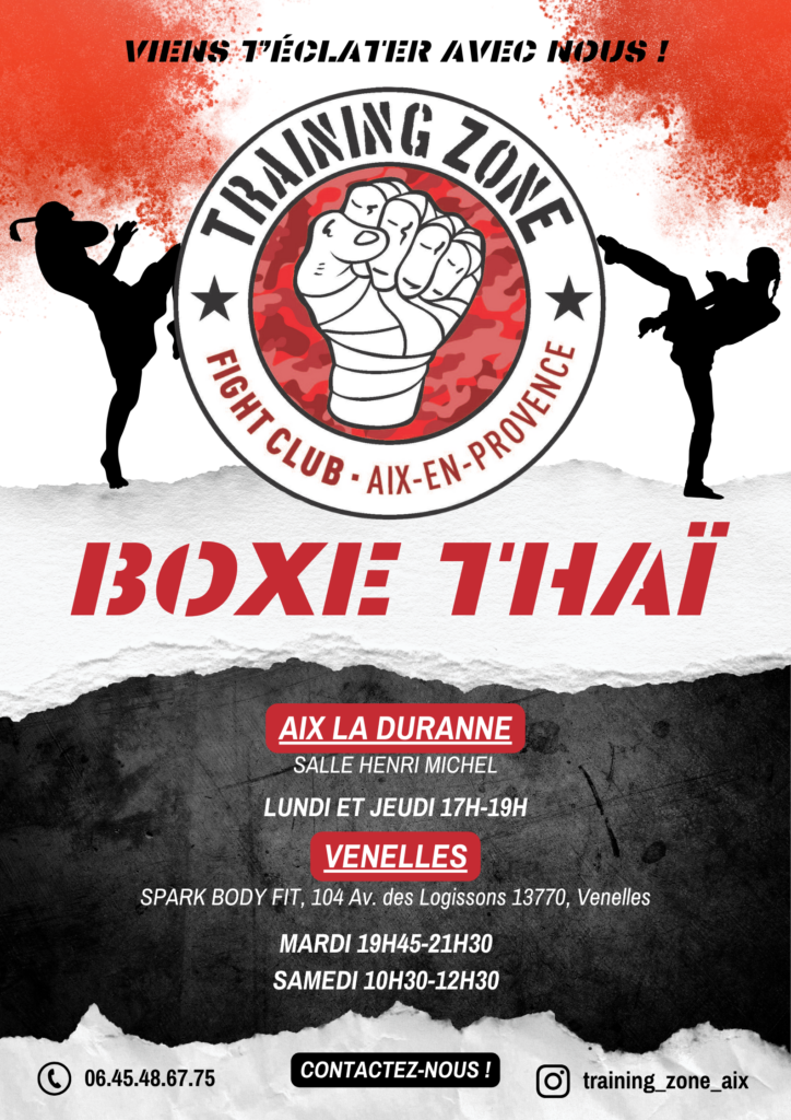 Affiche présentant les horaires des séances de boxe thaï organisées par Training Zone