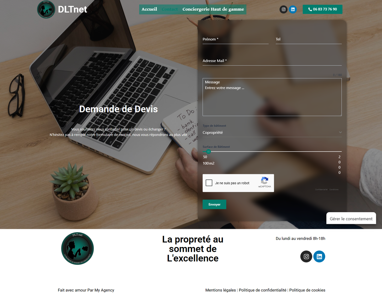Capture d'écran de la page de contact du site de DLTnet