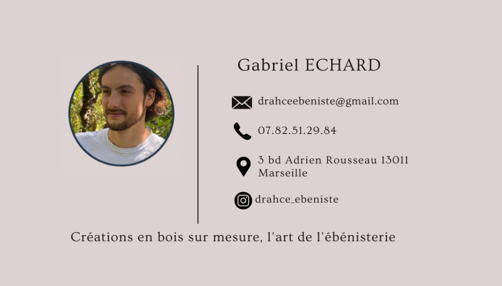 Recto de la carte de visite de Drahce Ébéniste