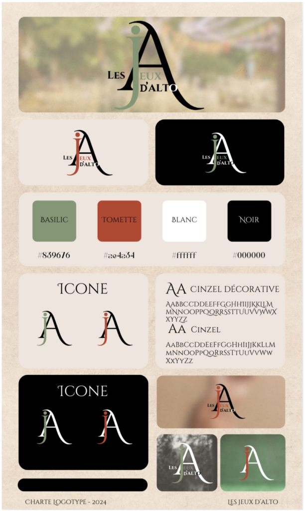 Charte logotype présentant le logo des Jeux d'Alto, ses couleurs, ses icônes et sa typographie