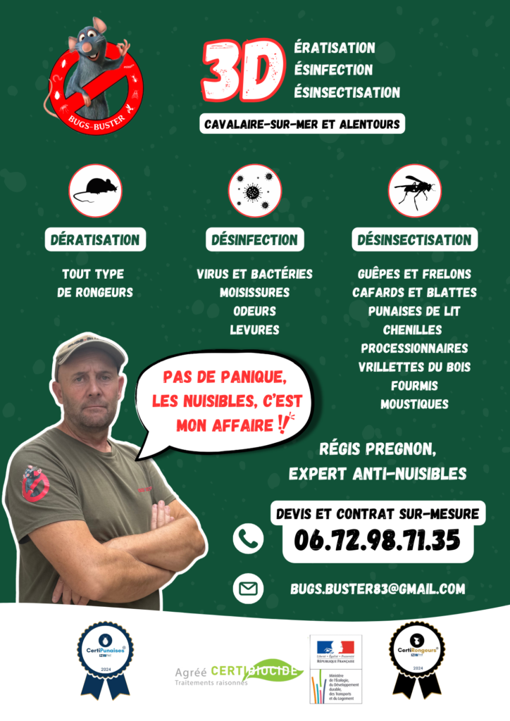 Affiche détaillant les solutions anti-nuisibles de la société Bugs-Buster à Cavalaire-sur-Mer