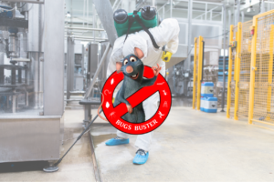 Logo de la société Bugs-Buster avec, en fond, une personne en train de réaliser le nettoyage d'une surface industrielle