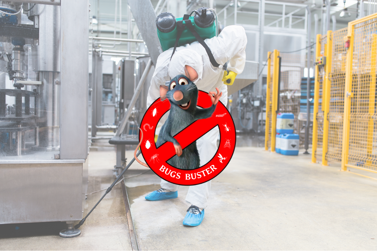Logo de la société Bugs-Buster avec, en fond, une personne en train de réaliser le nettoyage d'une surface industrielle