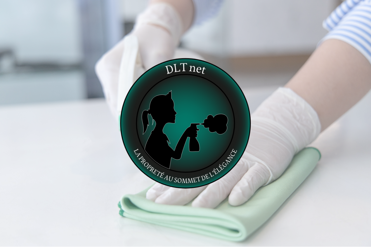Logo de la société DLT net avec, en fond, une personne nettoyant une surface à l'aide de gants et d'un chiffon
