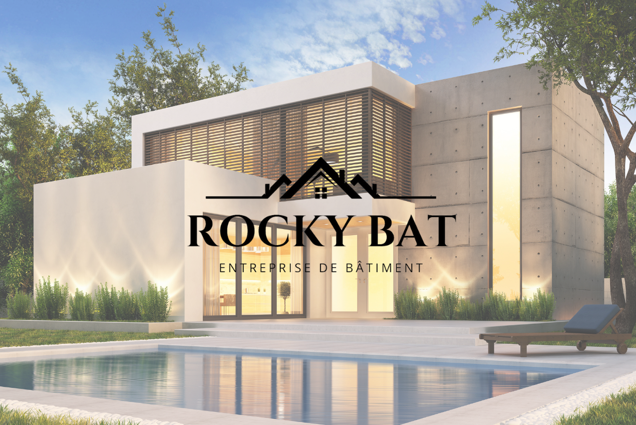 Logo de l'entreprise Rocky Bat avec une maison moderne en arrière-plan