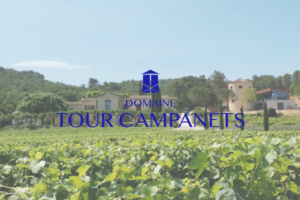 Logo du domaine Tour Campanets avec, en fond, un domaine viticole