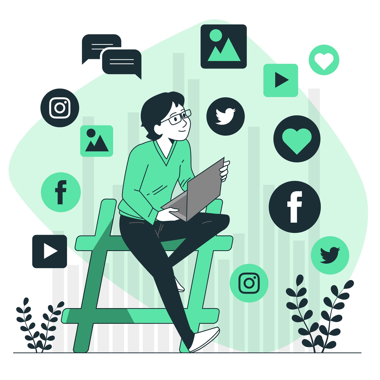 Illustration d'une personne assise entourée de symboles liés aux réseaux sociaux