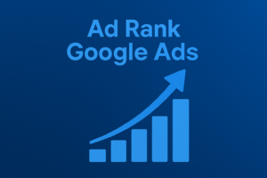 Graphique bleu représentant l’Ad Rank Google Ads avec un histogramme en croissance et une flèche ascendante, symbolisant l’optimisation des performances publicitaires.