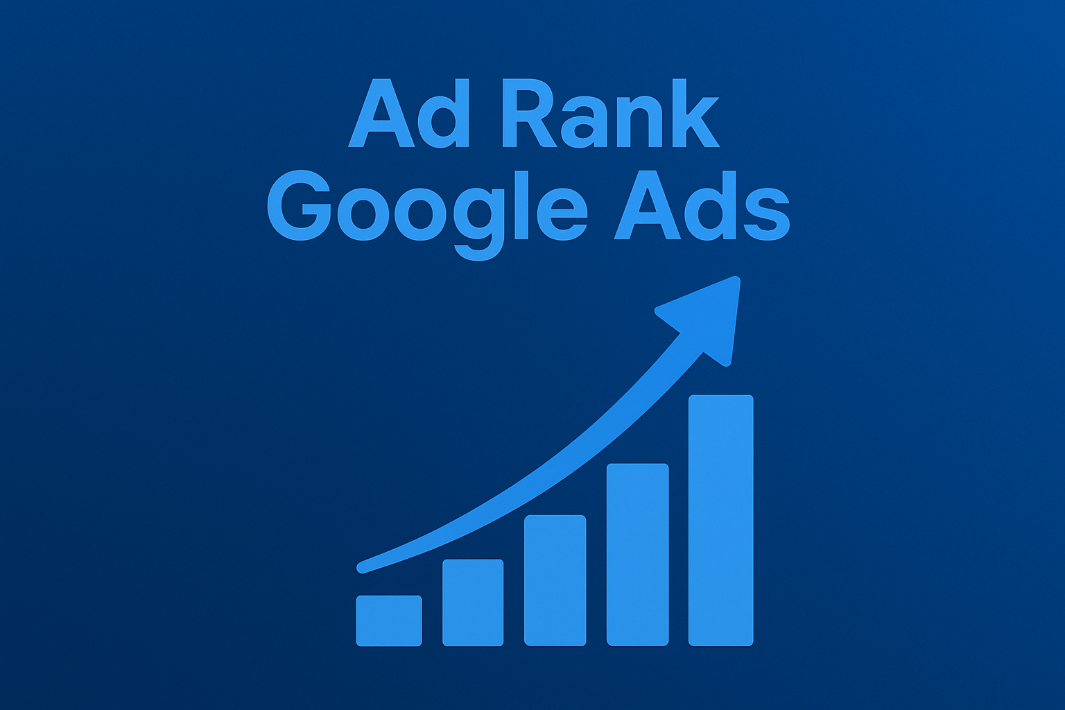 Graphique bleu représentant l’Ad Rank Google Ads avec un histogramme en croissance et une flèche ascendante, symbolisant l’optimisation des performances publicitaires.
