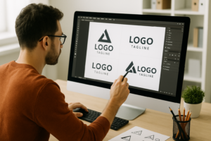 Graphiste travaillant sur des concepts de logos sur un ordinateur de bureau, avec croquis posés sur la table.