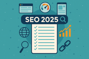Infographie plate avec le titre “SEO 2025”, une checklist avec dix cases cochées, et des icônes représentant un globe, une loupe, un smartphone, un graphique et une chaîne de lien.