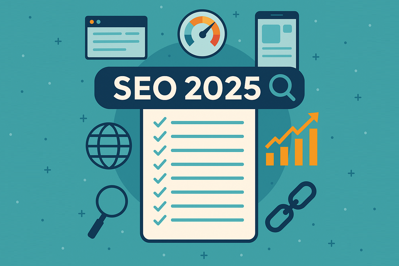 Infographie plate avec le titre “SEO 2025”, une checklist avec dix cases cochées, et des icônes représentant un globe, une loupe, un smartphone, un graphique et une chaîne de lien.