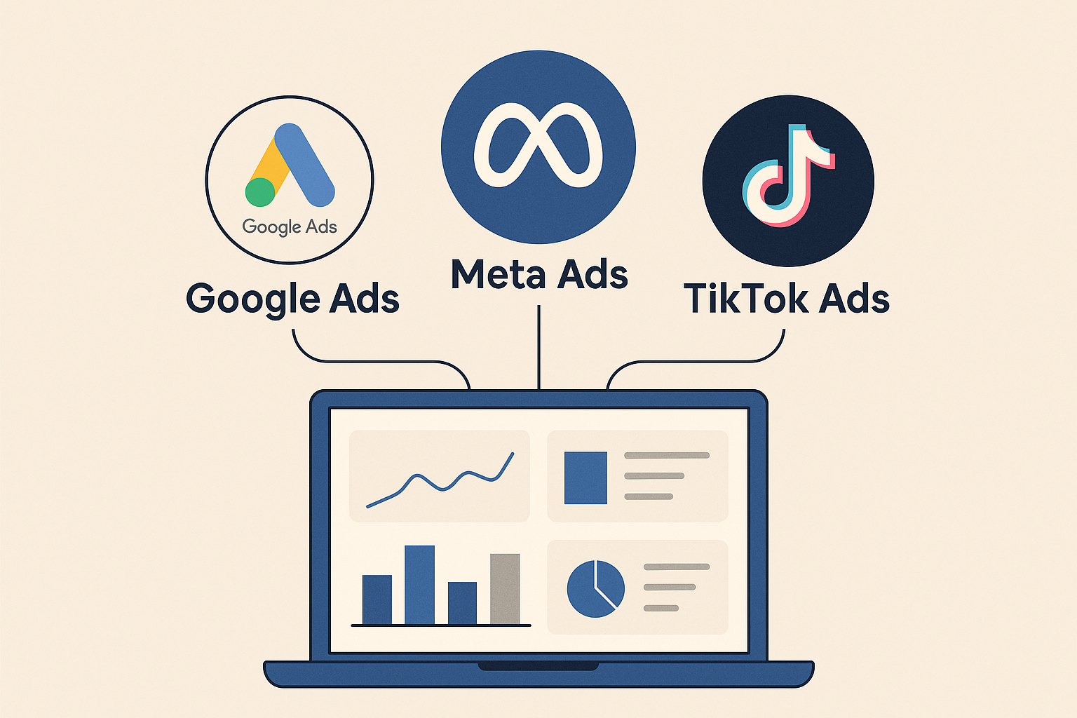Illustration conceptuelle des campagnes publicitaires en ligne avec Google Ads, Meta Ads et TikTok Ads connectés à un tableau de bord marketing.