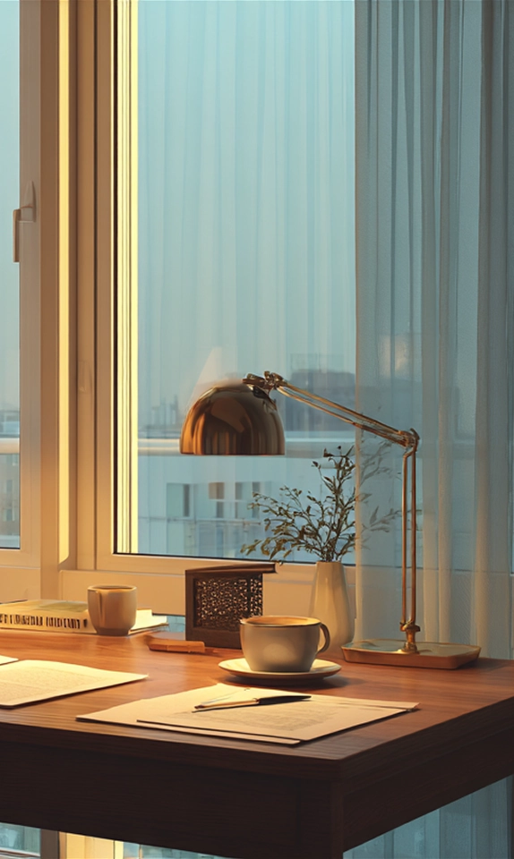 Bureau en bois près d’une fenêtre avec deux tasses, des documents, une lampe dorée et un vase contenant des branches.