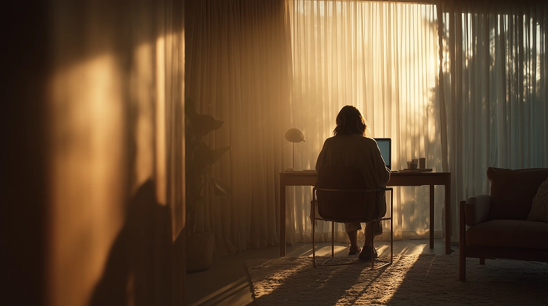Personne assise à un bureau devant un ordinateur, dans une pièce éclairée par une lumière naturelle filtrée par des rideaux.