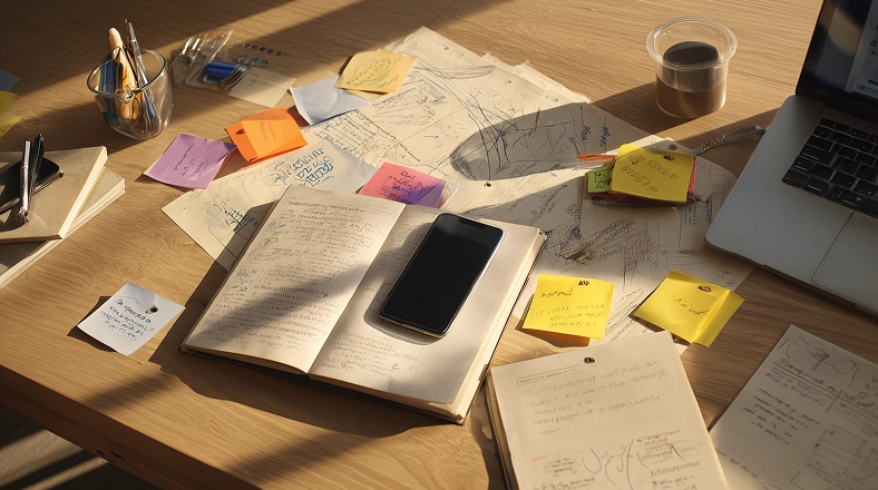Bureau vu de dessus avec carnet, smartphone, feuilles annotées, post-it et une tasse, éclairés par la lumière du soleil.