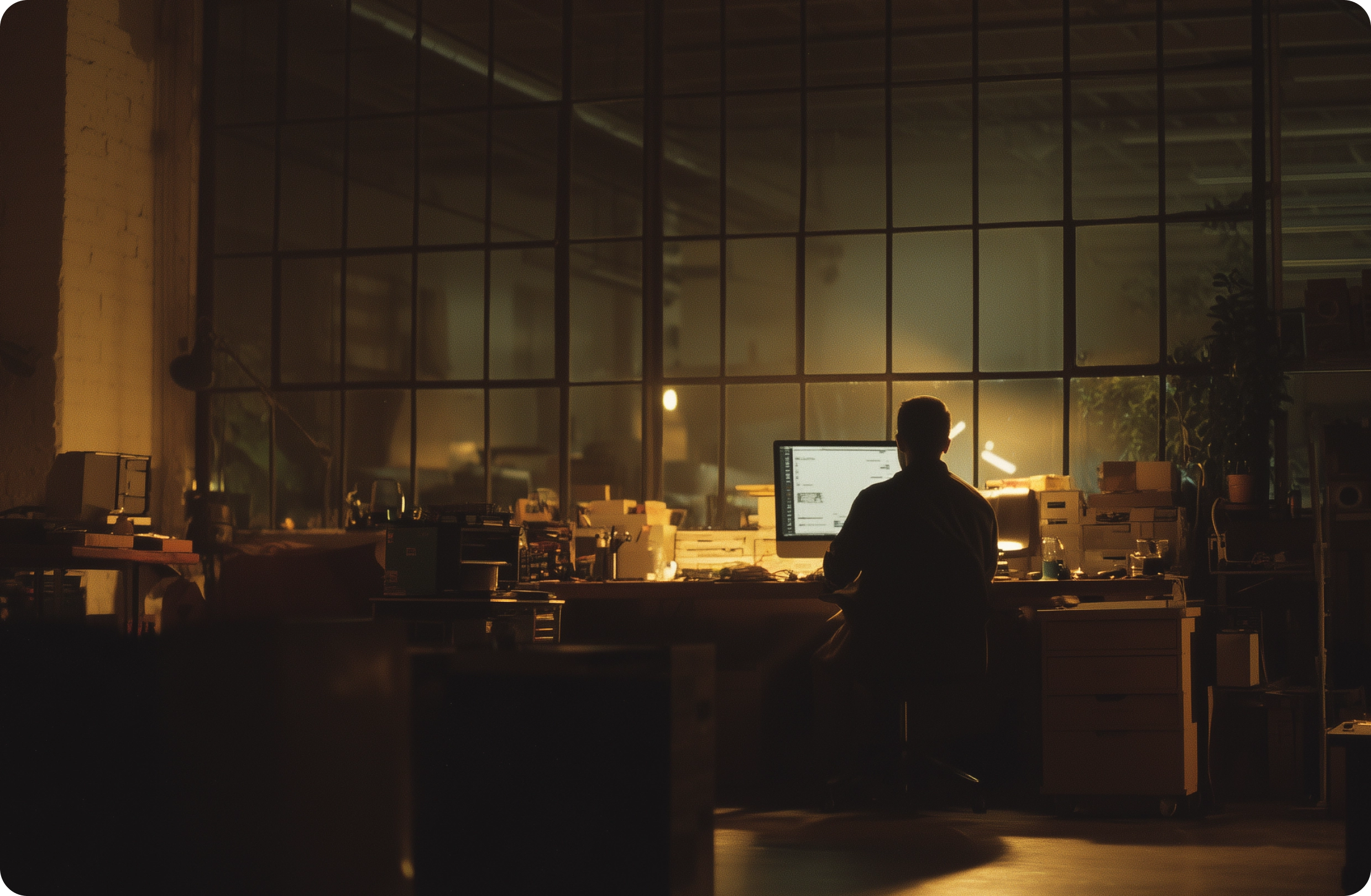Personne assise devant un ordinateur dans un bureau industriel éclairé de nuit, avec une grande verrière en arrière-plan.