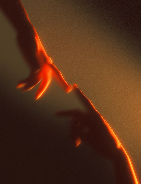 Deux mains se rejoignant dans un jeu de lumière douce et d'ombres.