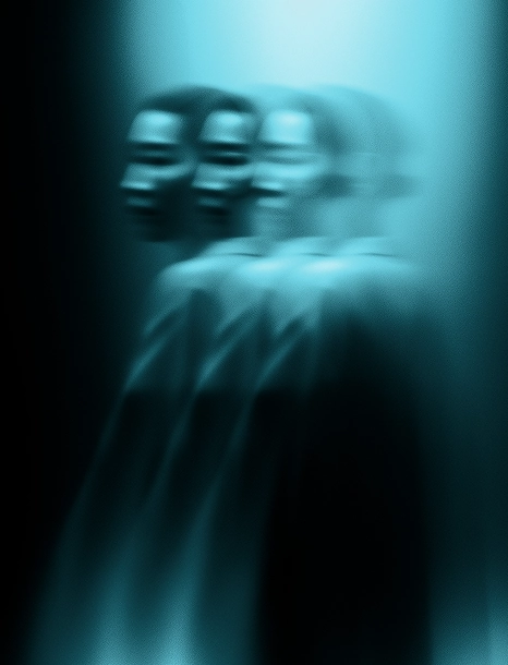 Personne capturée en silhouette floue avec un effet de vitesse sur fond bleu.