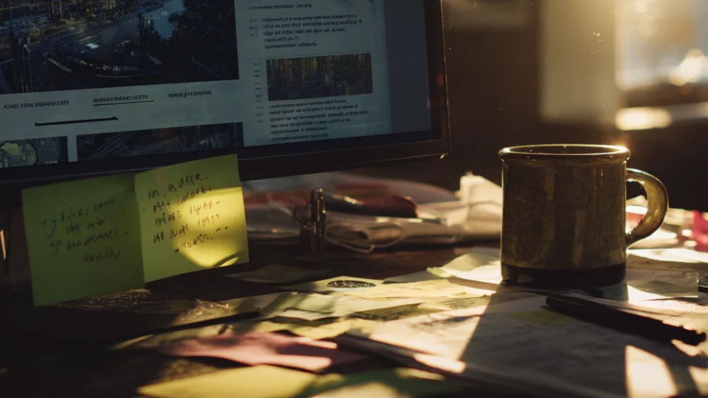 Bureau de travail avec écran, notes autocollantes, documents et une tasse, éclairé par une lumière chaude.