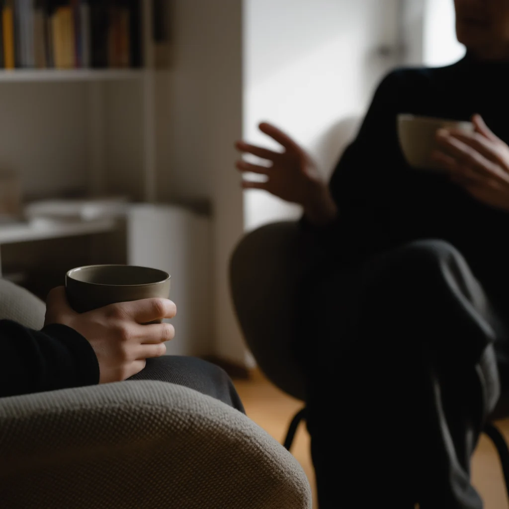 Deux personnes assises tenant des tasses, échangeant dans un intérieur avec des fauteuils