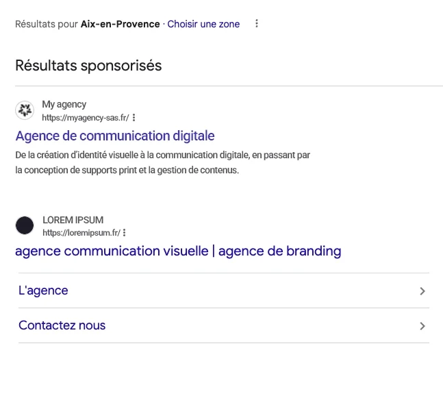 Résultat de recherche Google mettant en avant une agence de communication digitale en référencement sponsorisé