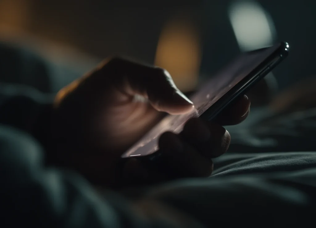 Main tenant un smartphone et interagissant avec l’écran dans une ambiance sombre.