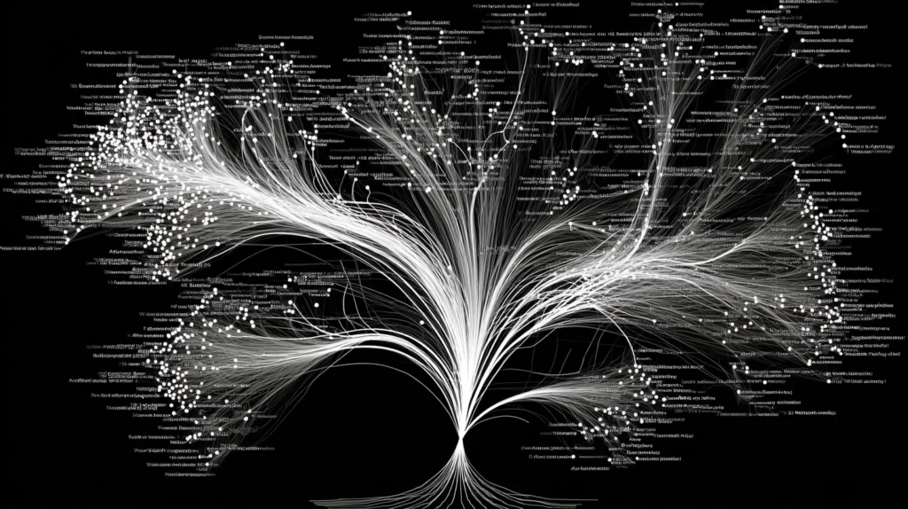 Visualisation abstraite du maillage SEO et de la structure des données pour le référencement naturel