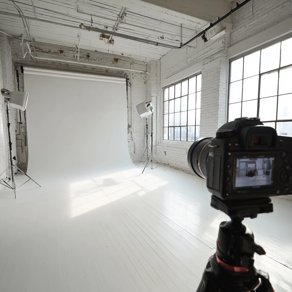 Studio photo avec fond blanc, éclairages professionnels et appareil photo sur trépied.
