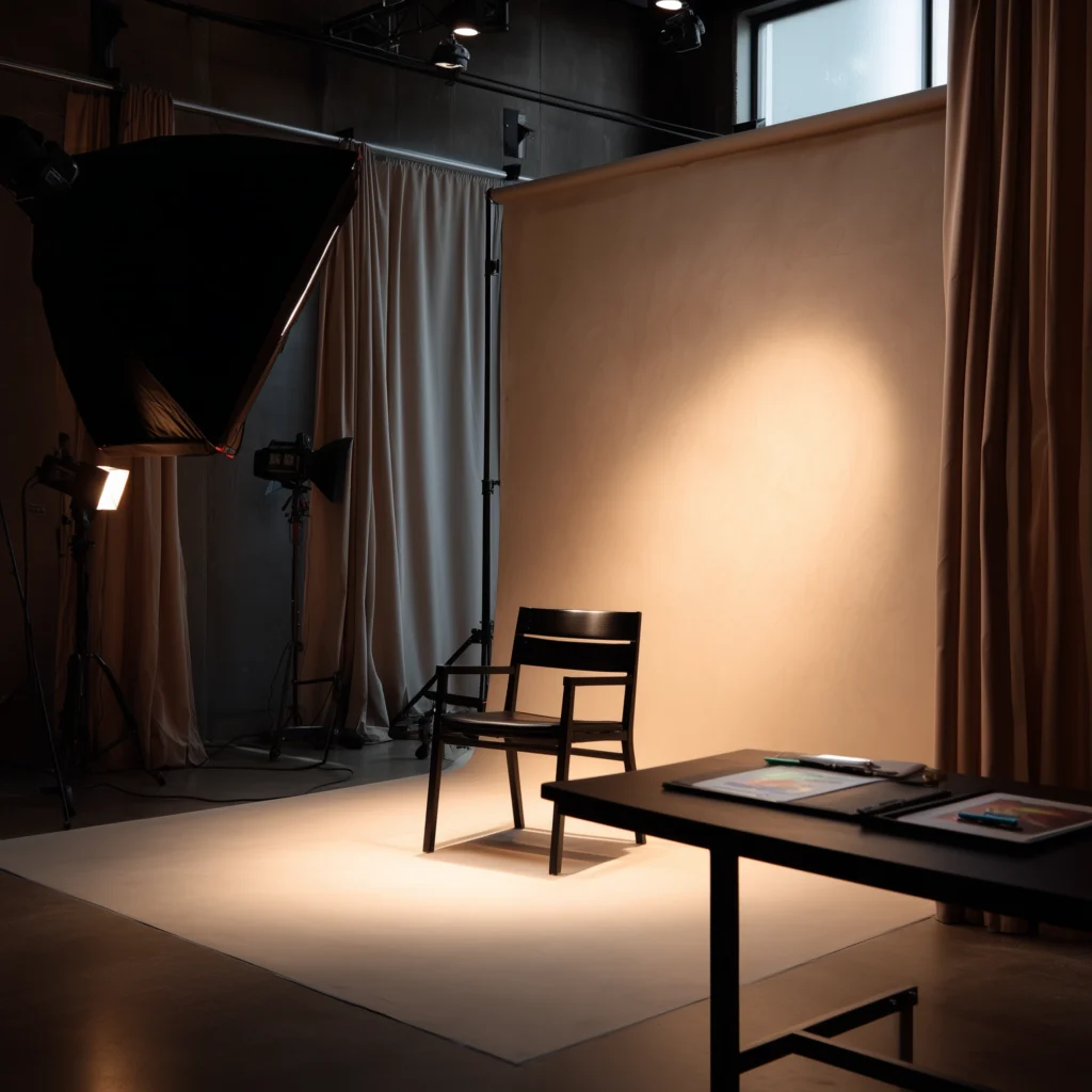 Plateau de tournage avec une chaise, un fond clair et des éclairages de studio.