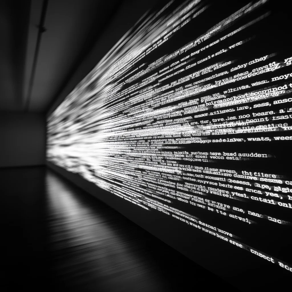 Texte blanc en perspective sur fond noir, avec un effet de mouvement et de profondeur.