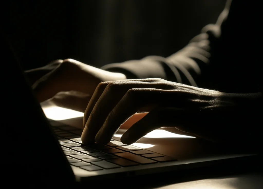 Personne travaillant sur un ordinateur portable dans une ambiance sombre, les mains posées sur le clavier.